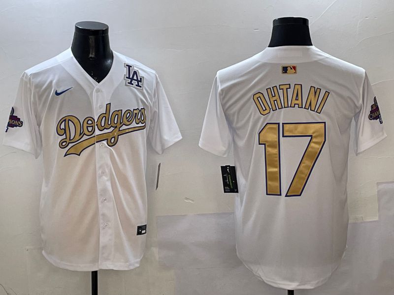 Men Los Angeles Dodgers #17 Ohtani White Champion gold character 2025 Nike MLB Jersey style 23